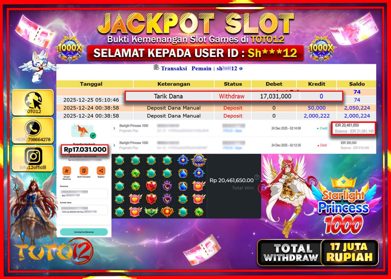 HANYA DI TOTO12 JP PASTI DI BAYAR LUNAS DAN CEPAT!!!!!! JACKPOT SLOT GAME (STARLIGHT PRINCESS 1000) Rp.17.031.000 !!!!