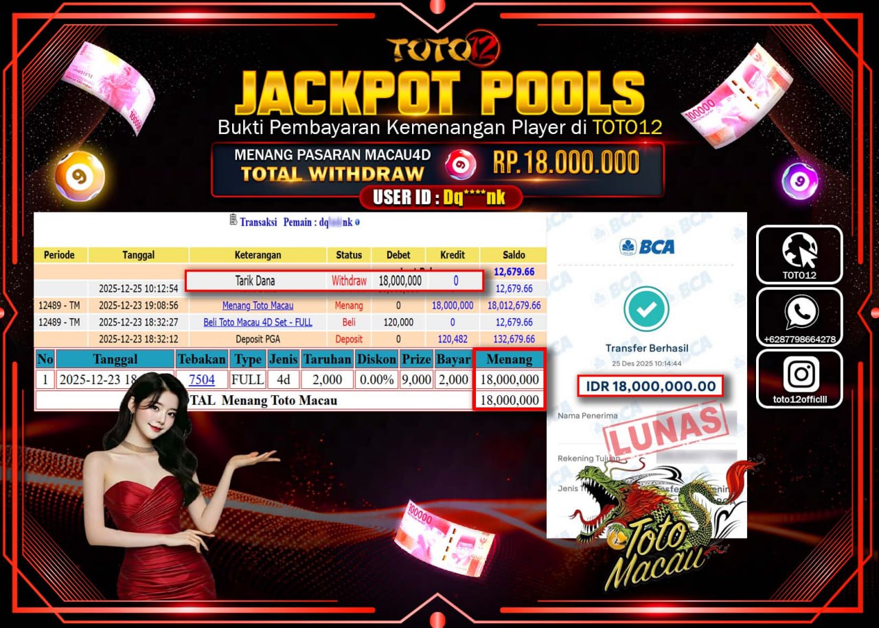 HANYA DI TOTO12 JP PASTI DI BAYAR LUNAS DAN CEPAT!!!!!! JACKPOT POOLS PASARAN (MACAU 4D) Rp.18.000.000 !!!!