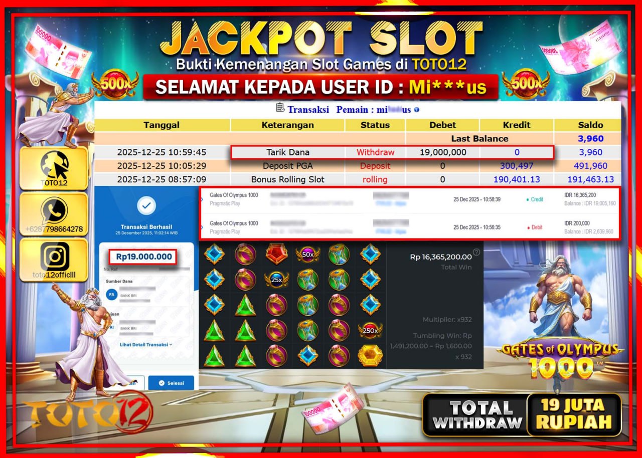 HANYA DI TOTO12 JP PASTI DI BAYAR LUNAS DAN CEPAT!!!!!! JACKPOT SLOT GAME (GATES OF OLYMPUS 1000) Rp.19.000.000 !!!!