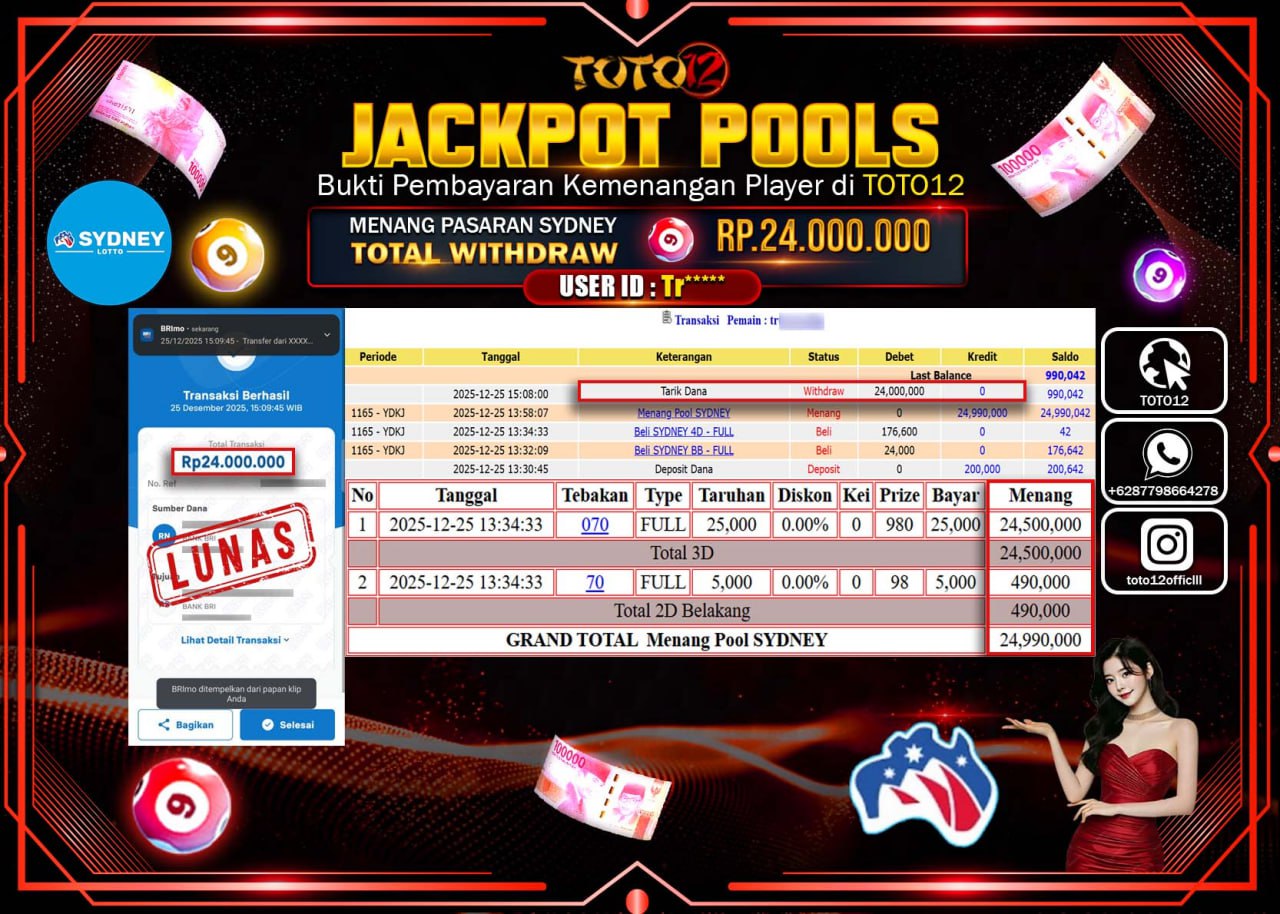 HANYA DI TOTO12 JP PASTI DI BAYAR LUNAS DAN CEPAT!!!!!! JACKPOT POOLS PASARAN (SYDNEY) Rp.24.000.000 !!!!