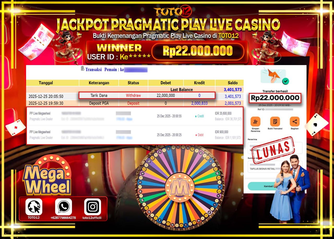 HANYA DI TOTO12 JP PASTI DI BAYAR LUNAS DAN CEPAT!!!!!! JACKPOT PRAGMATIC PLAY LIVE CASINO (MEGA WHEEL) Rp.22.000.000 !!!!