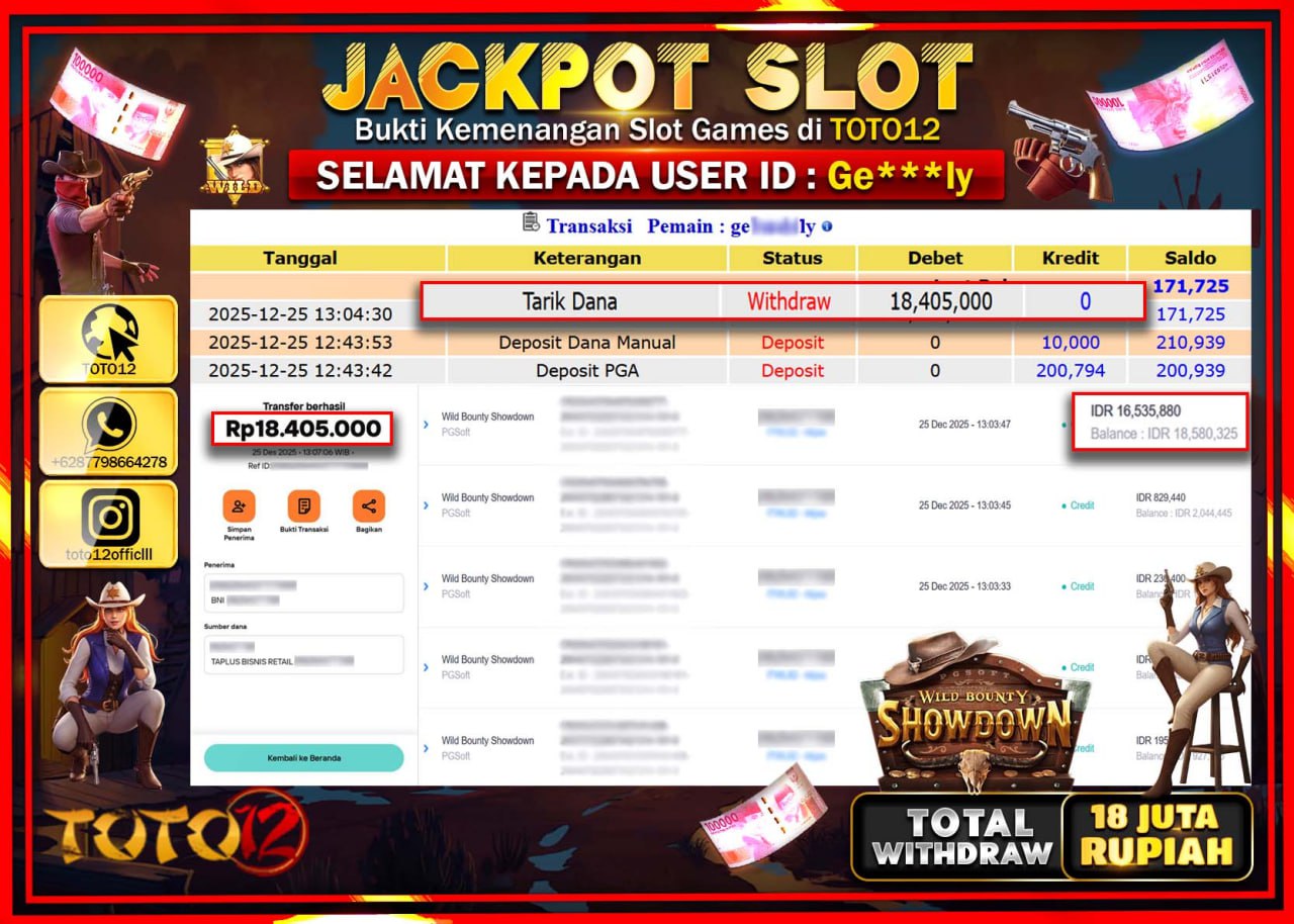 HANYA DI TOTO12 JP PASTI DI BAYAR LUNAS DAN CEPAT!!!!!! JACKPOT SLOT GAME (WILD BOUNTY SHOWDOWN) Rp.18.405.000 !!!!