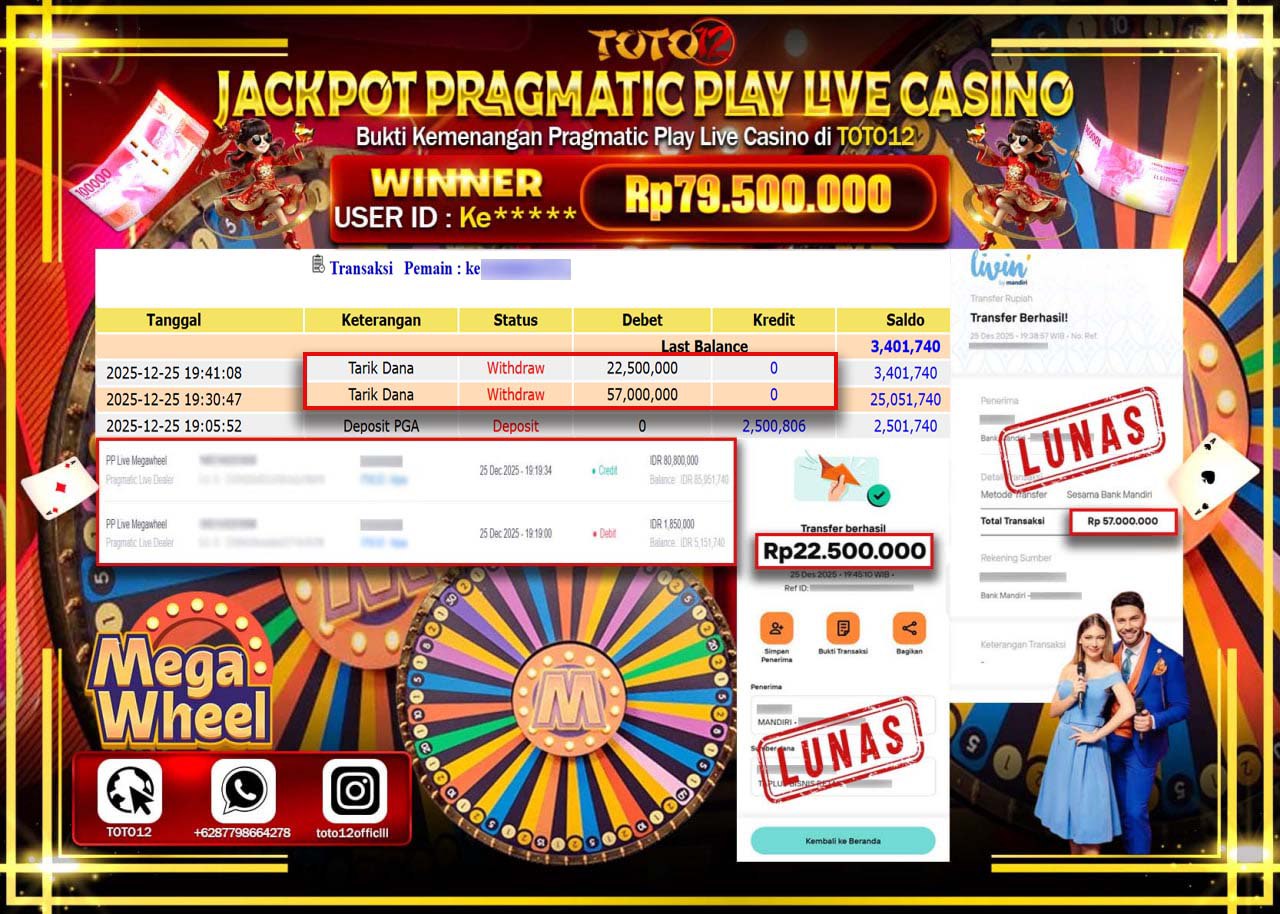 HANYA DI TOTO12 JP PASTI DI BAYAR LUNAS DAN CEPAT!!!!!! JACKPOT PRAGMATIC PLAY LIVE CASINO (MEGA WHEEL) Rp.79.500.000 !!!!