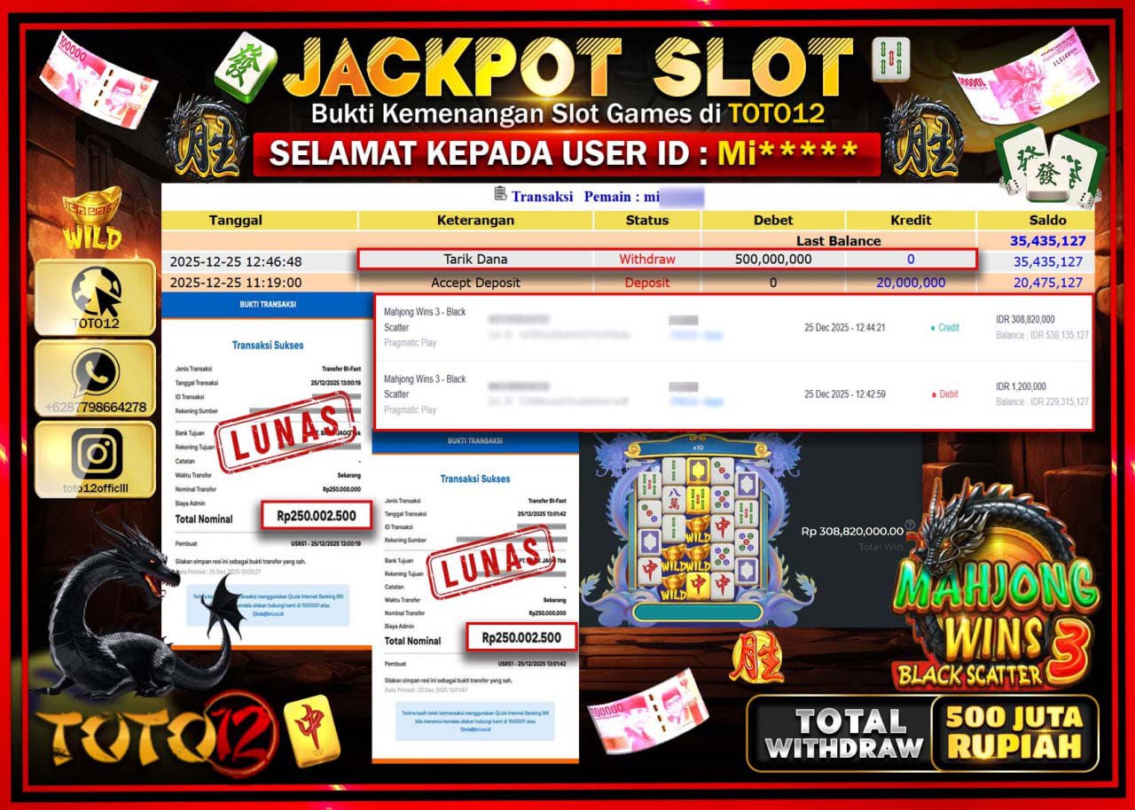 HANYA DI TOTO12 JP PASTI DI BAYAR LUNAS DAN CEPAT!!!!!! JACKPOT SLOT GAME (MAHJONG WINS 3 BLACK SCATTER) Rp.500.000.000 !!!!