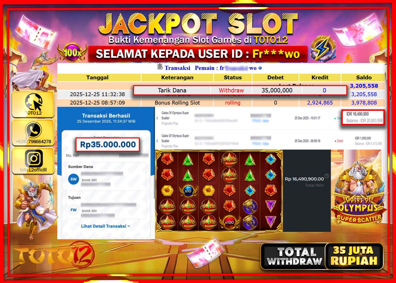 HANYA DI TOTO12 JP PASTI DI BAYAR LUNAS DAN CEPAT!!!!!! JACKPOT SLOT GAME (GATES OF OLYMPUS SUPER SCATTER) Rp.35.000.000 !!!!