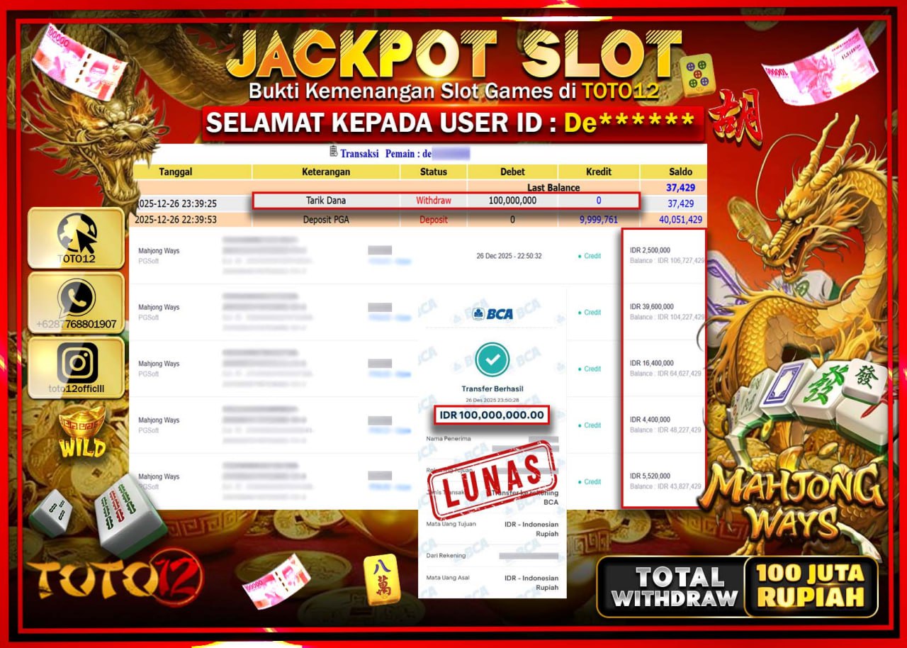 HANYA DI TOTO12 JP PASTI DI BAYAR LUNAS DAN CEPAT!!!!!! JACKPOT SLOT GAME (MAHJONG WAYS) Rp.100.000.000 !!!!