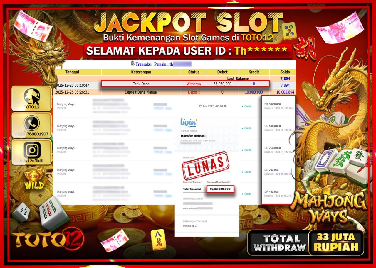 HANYA DI TOTO12 JP PASTI DI BAYAR LUNAS DAN CEPAT!!!!!! JACKPOT SLOT GAME (MAHJONG WAYS) Rp.33.030.000 !!!!