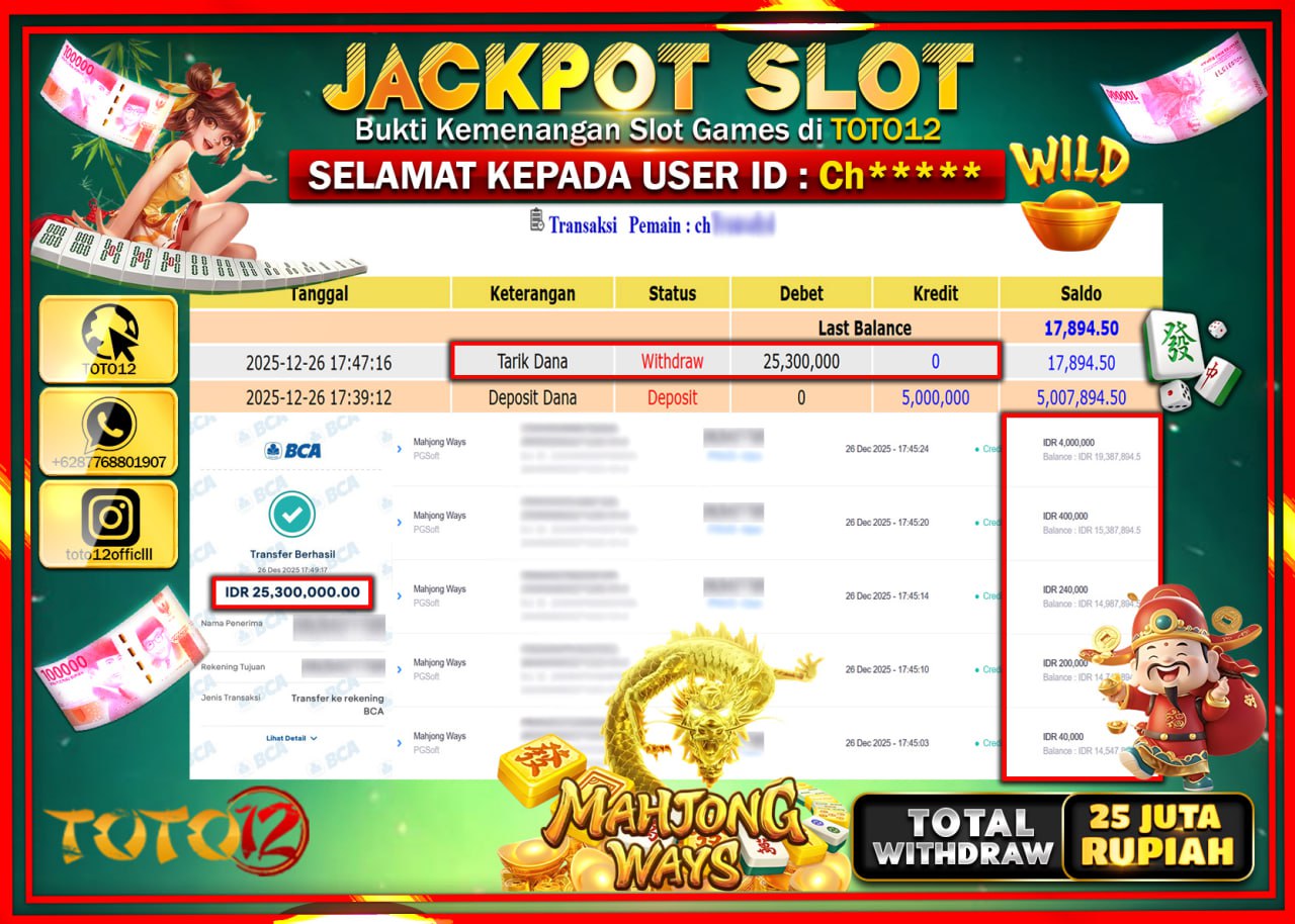 HANYA DI TOTO12 JP PASTI DI BAYAR LUNAS DAN CEPAT!!!!!! JACKPOT SLOT GAME (MAHJONG WAYS) Rp.25.300.000 !!!!