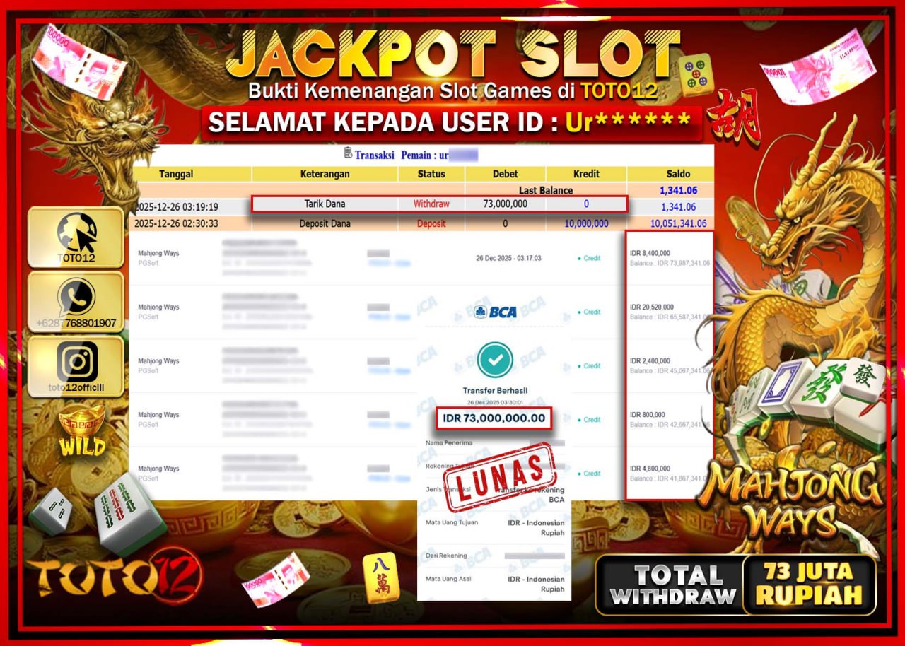 HANYA DI TOTO12 JP PASTI DI BAYAR LUNAS DAN CEPAT!!!!!! JACKPOT SLOT GAME (MAHJONG WAYS) Rp.73.000.000 !!!!