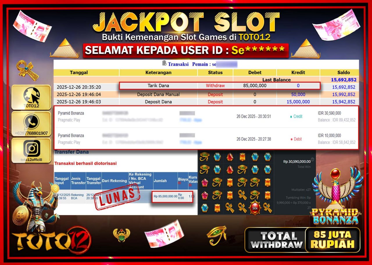 HANYA DI TOTO12 JP PASTI DI BAYAR LUNAS DAN CEPAT!!!!!! JACKPOT SLOT GAME (PYRAMID BONANZA) Rp.85.000.000 !!!!