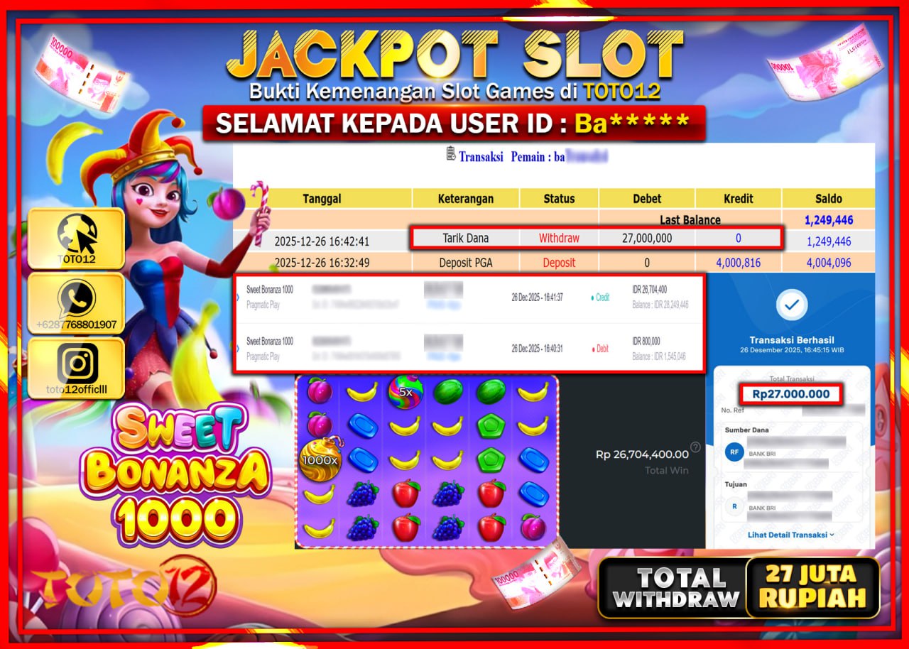 HANYA DI TOTO12 JP PASTI DI BAYAR LUNAS DAN CEPAT!!!!!! JACKPOT SLOT GAME (SWET BONANZA 1000) Rp.27.000.000 !!!!