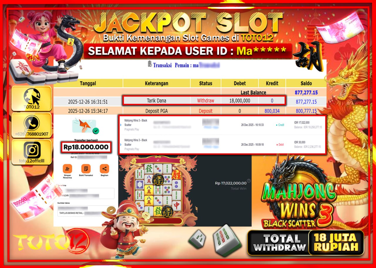 HANYA DI TOTO12 JP PASTI DI BAYAR LUNAS DAN CEPAT!!!!!! JACKPOT SLOT GAME (MAHJONG WINS 3 BLACK SCATTER) Rp.18.000.000 !!!!