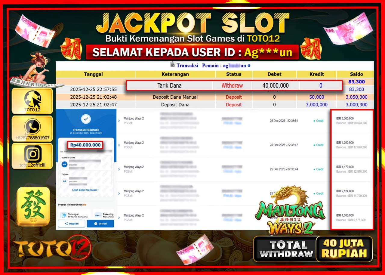 HANYA DI TOTO12 JP PASTI DI BAYAR LUNAS DAN CEPAT!!!!!! JACKPOT SLOT GAME (MAHJONG WAYS 2) Rp.40.000.000 !!!!
