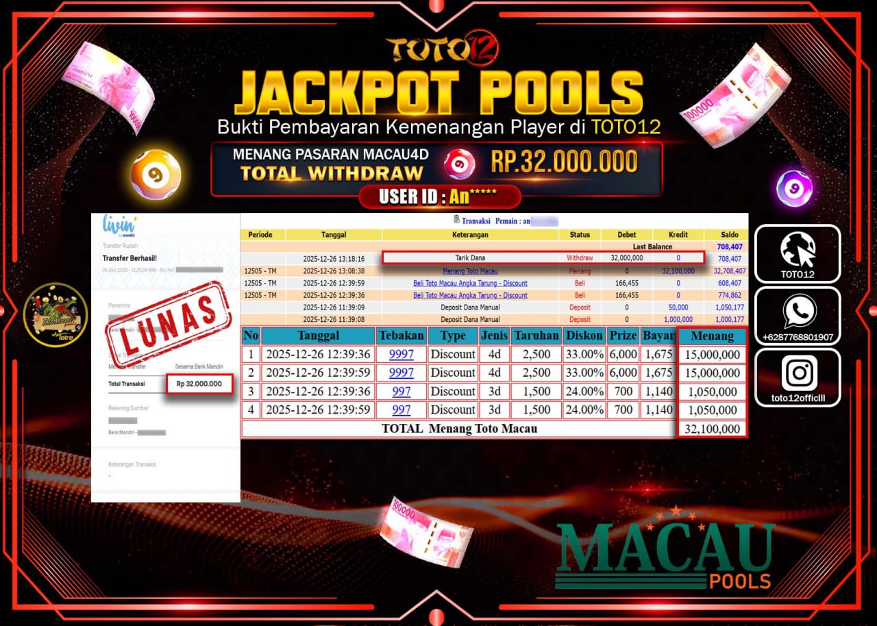 HANYA DI TOTO12 JP PASTI DI BAYAR LUNAS DAN CEPAT!!!!!! JACKPOT POOLS PASARAN (MACAU 4D) Rp.32.000.000 !!!!