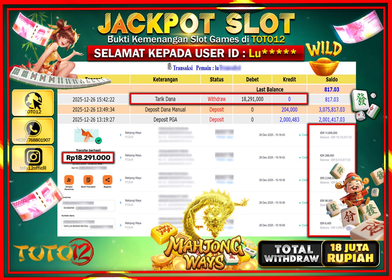 HANYA DI TOTO12 JP PASTI DI BAYAR LUNAS DAN CEPAT!!!!!! JACKPOT SLOT GAME (MAHJONG WAYS) Rp.18.291.000 !!!!