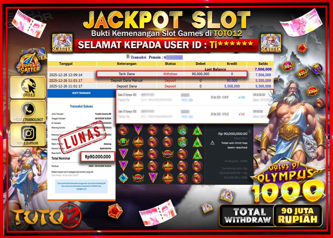 HANYA DI TOTO12 JP PASTI DI BAYAR LUNAS DAN CEPAT!!!!!! JACKPOT SLOT GAME (GATES OF OLYMPUS 1000) Rp.90.000.000 !!!!