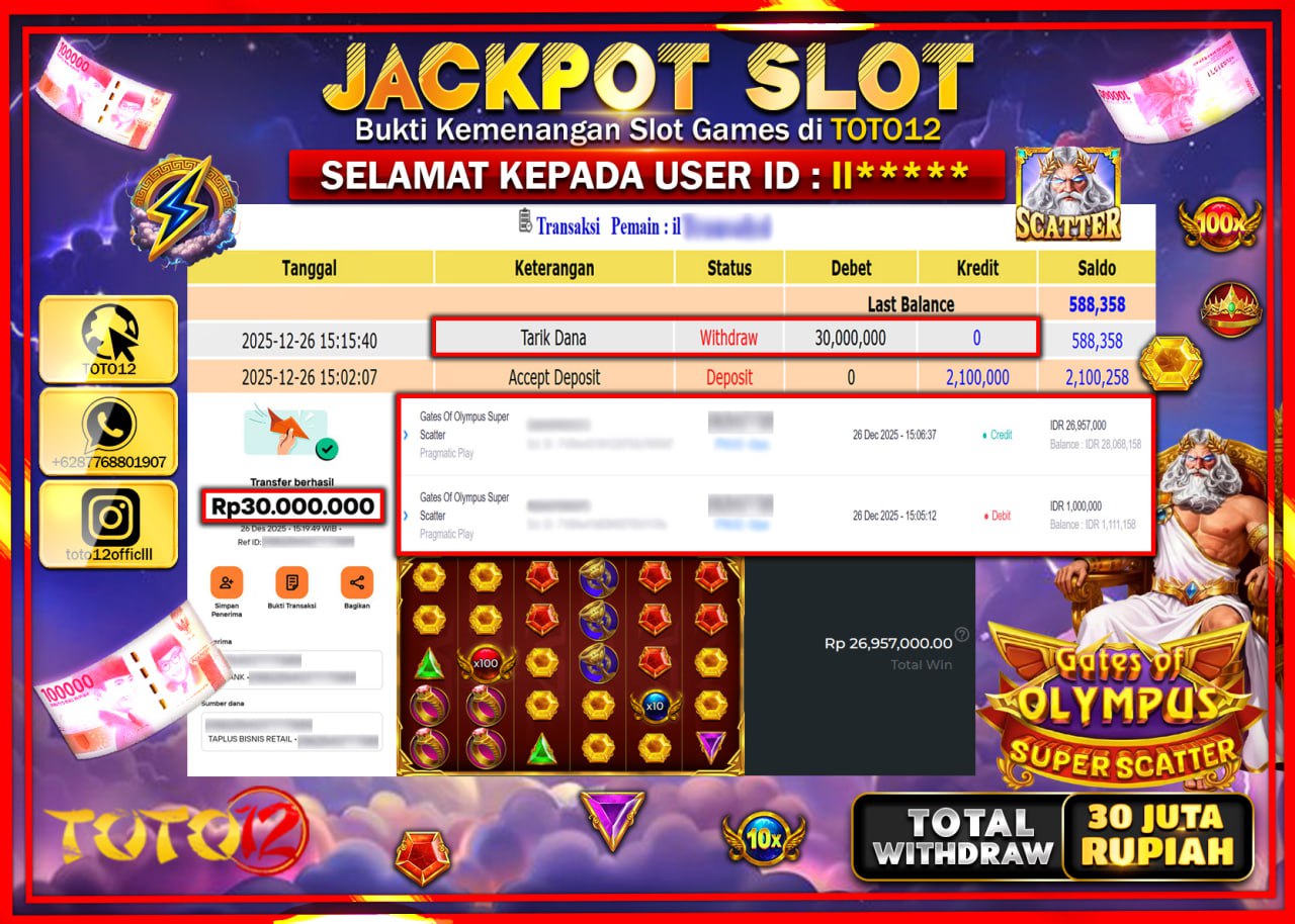 HANYA DI TOTO12 JP PASTI DI BAYAR LUNAS DAN CEPAT!!!!!! JACKPOT SLOT GAME (GATES OF OLYMPUS SUPER SCATTER) Rp.30.000.000 !!!!