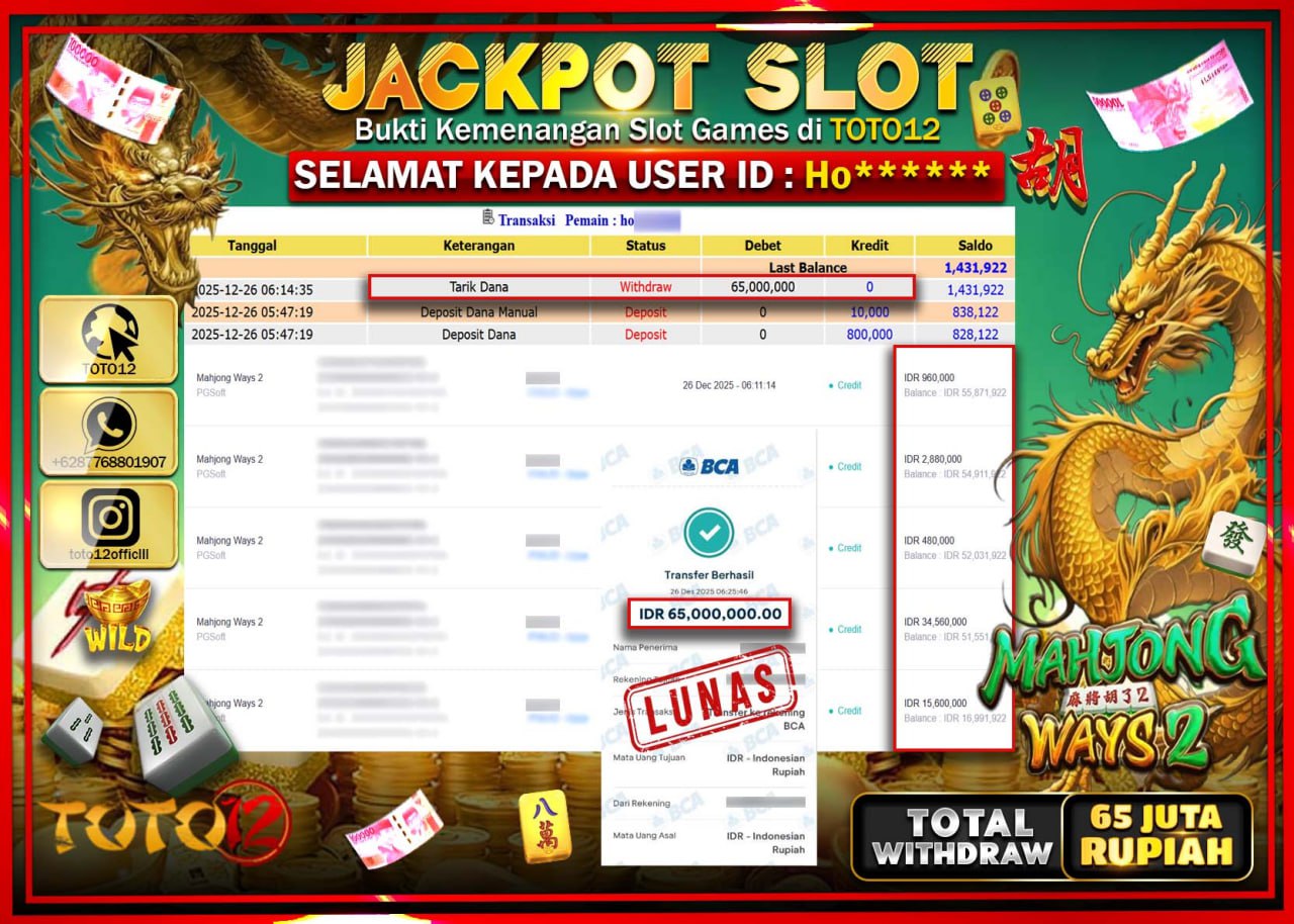 HANYA DI TOTO12 JP PASTI DI BAYAR LUNAS DAN CEPAT!!!!!! JACKPOT SLOT GAME (MAHJONG WAYS 2) Rp.65.000.000 !!!!