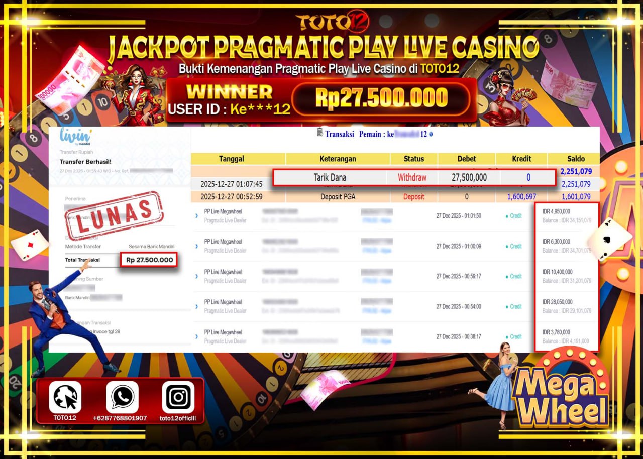 HANYA DI TOTO12 JP PASTI DI BAYAR LUNAS DAN CEPAT!!!!!! JACKPOT PRAGMATIC PLAY LIVE CASINO (MEGA WHEEL) Rp.27.500.000 !!!!