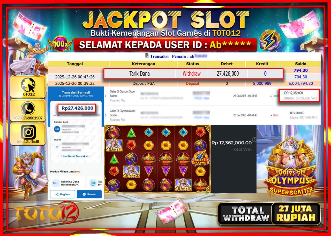HANYA DI TOTO12 JP PASTI DI BAYAR LUNAS DAN CEPAT!!!!!! JACKPOT SLOT GAME (GATES OF OLYMPUS SUPER SCATTER) Rp.27.426.000 !!!!