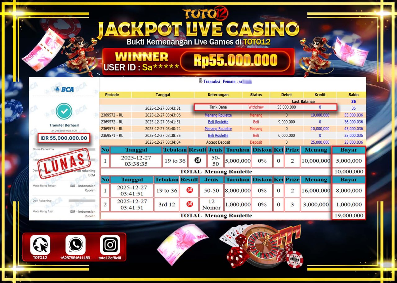 HANYA DI TOTO12 JP PASTI DI BAYAR LUNAS DAN CEPAT!!!!!! JACKPOT LIVE CASINO (ROULETTE) Rp.55.000.000 !!!!