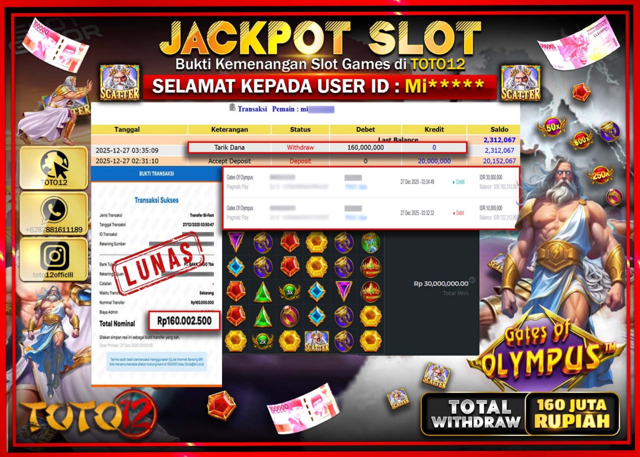 HANYA DI TOTO12 JP PASTI DI BAYAR LUNAS DAN CEPAT!!!!!! JACKPOT SLOT GAME (GATES OF OLYMPUS) Rp.160.000.000 !!!!
