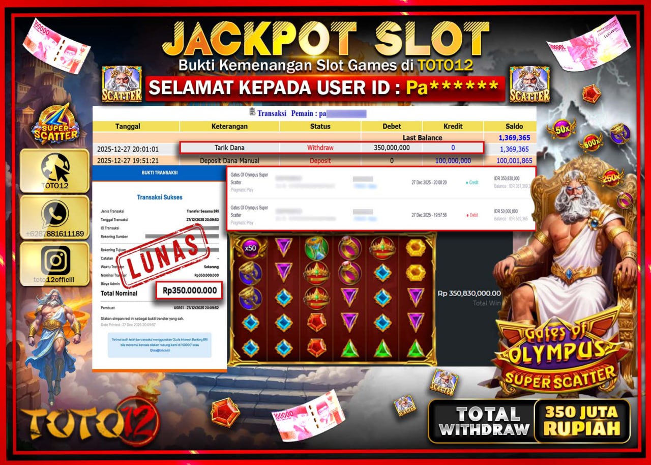 HANYA DI TOTO12 JP PASTI DI BAYAR LUNAS DAN CEPAT!!!!!! JACKPOT SLOT GAME (GATES OF OLYMPUS SUPER SCATTER) Rp.350.000.000 !!!!
