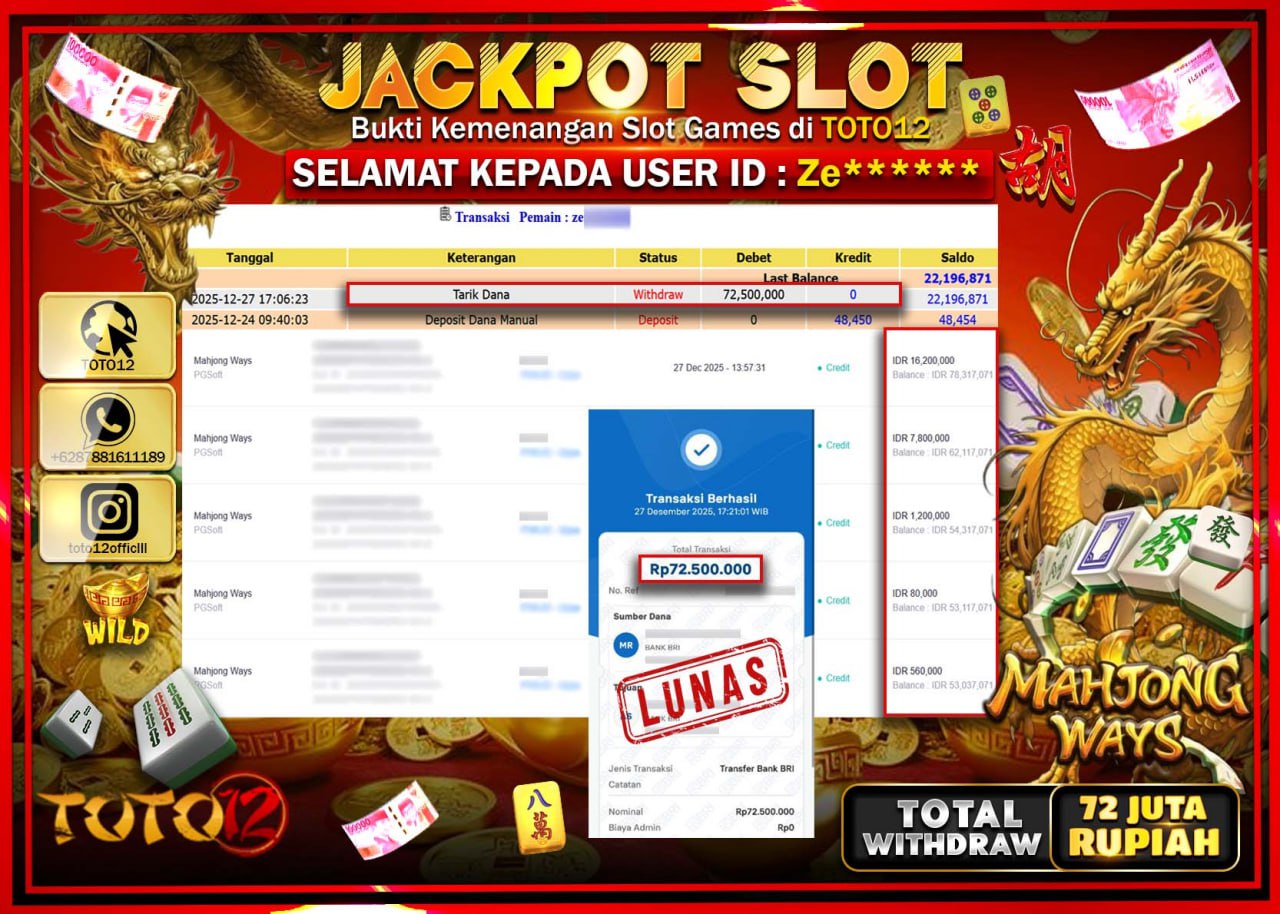 HANYA DI TOTO12 JP PASTI DI BAYAR LUNAS DAN CEPAT!!!!!! JACKPOT SLOT GAME (MAHJONG WAYS) Rp.72.500.000 !!!!