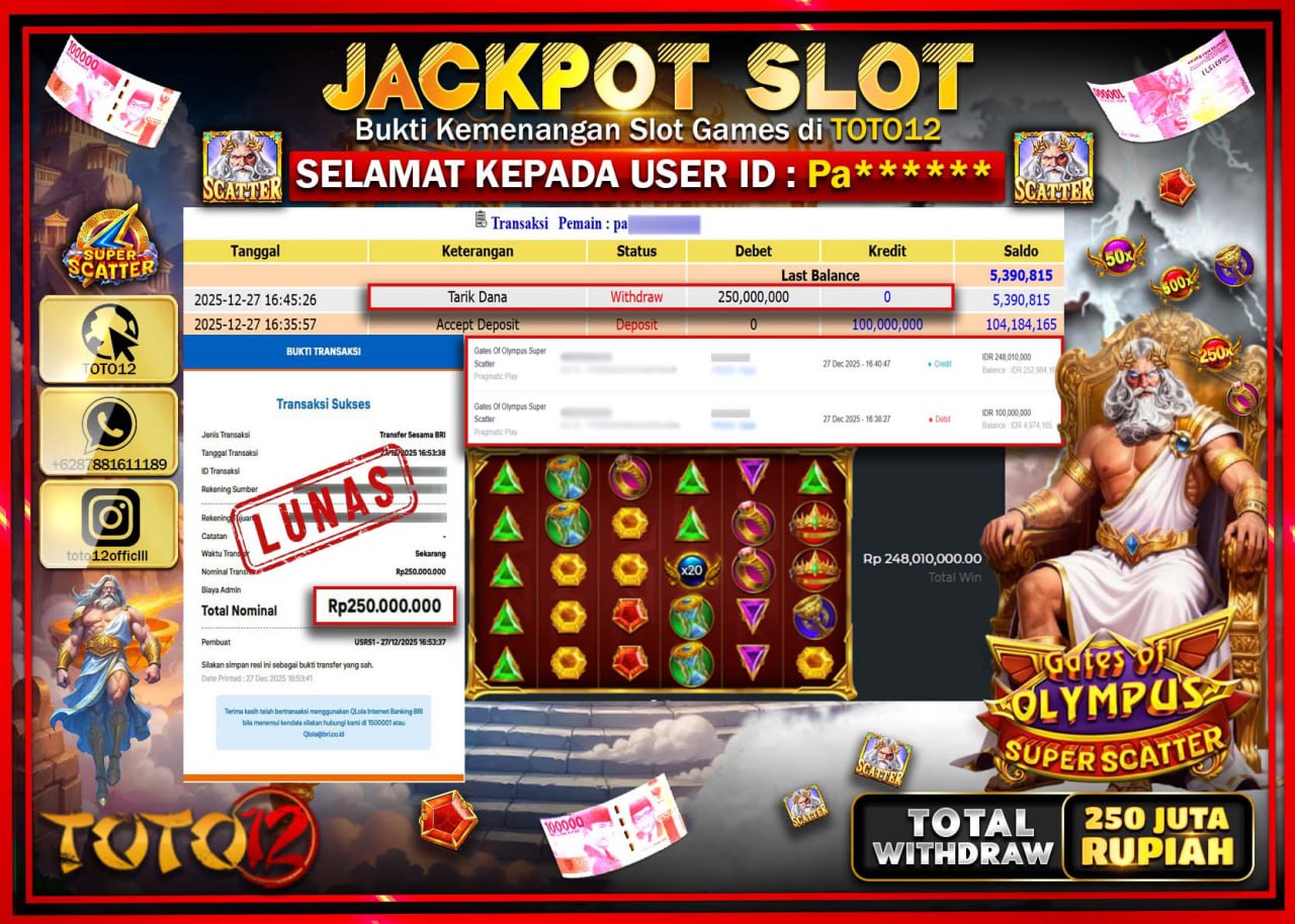 HANYA DI TOTO12 JP PASTI DI BAYAR LUNAS DAN CEPAT!!!!!! JACKPOT SLOT GAME (GATES OF OLYMPUS SUPER SCATTER) Rp.250.000.000 !!!!