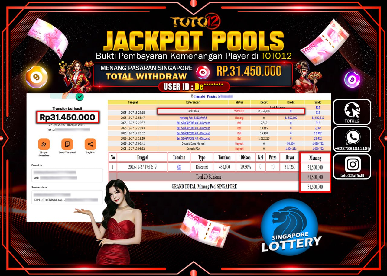 HANYA DI TOTO12 JP PASTI DI BAYAR LUNAS DAN CEPAT!!!!!! JACKPOT POOLS PASARAN (SINGAPORE) Rp.31.450.000 !!!!
