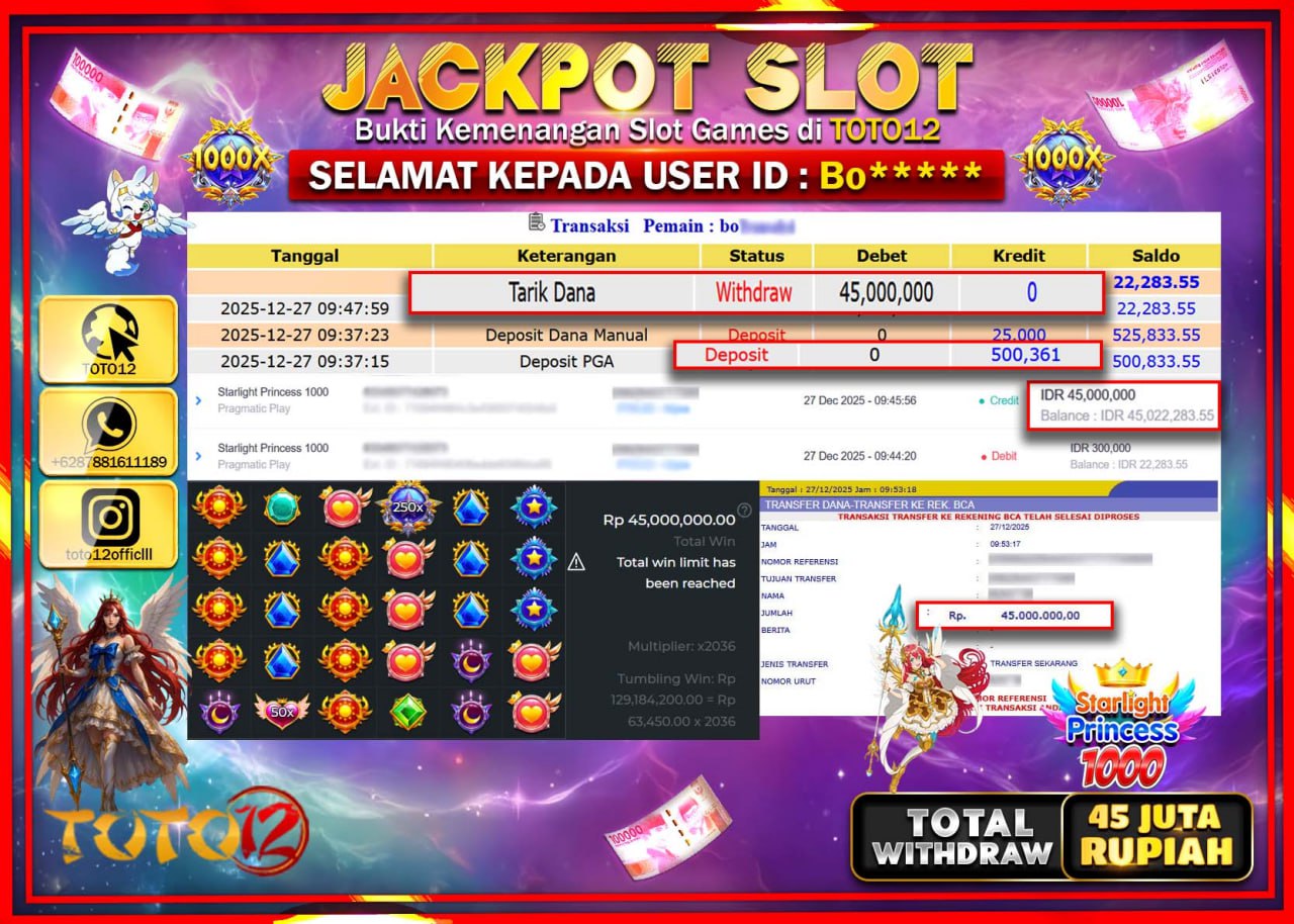 HANYA DI TOTO12 JP PASTI DI BAYAR LUNAS DAN CEPAT!!!!!! JACKPOT SLOT GAME (STARLIGHT PRINCESS 1000) Rp.45.000.000 !!!!