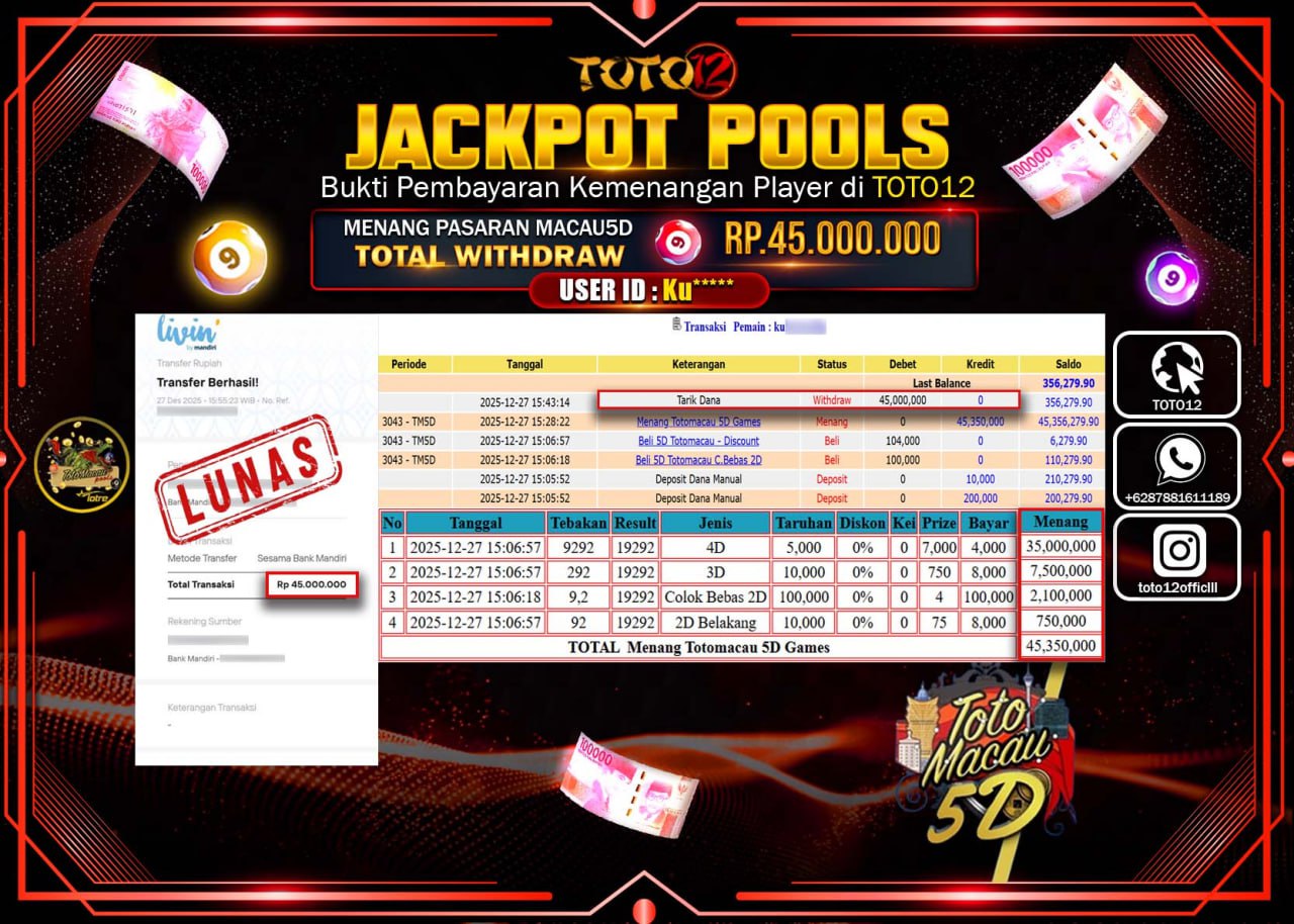 HANYA DI TOTO12 JP PASTI DI BAYAR LUNAS DAN CEPAT!!!!!! JACKPOT POOLS PASARAN (MACAU 5D) Rp.45.000.000 !!!!