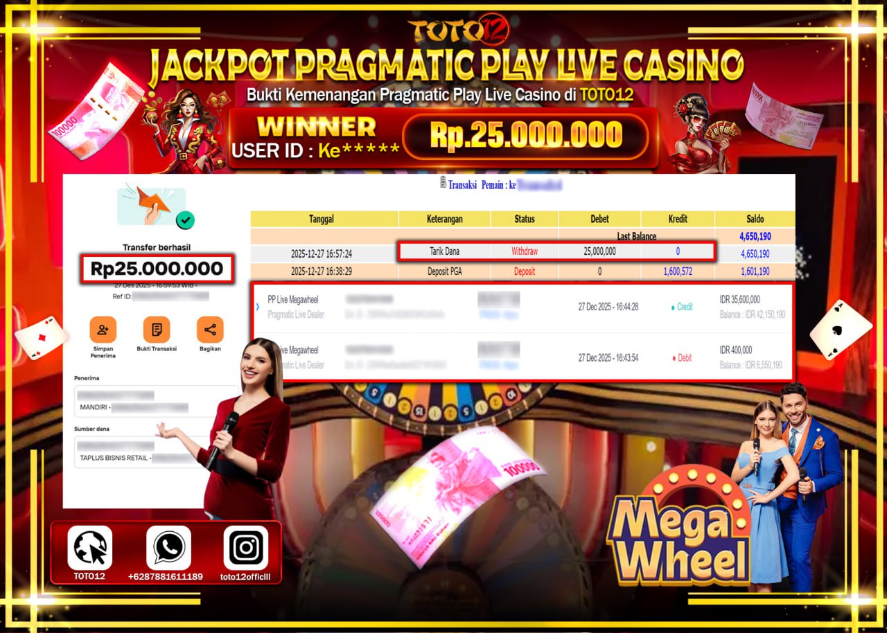 HANYA DI TOTO12 JP PASTI DI BAYAR LUNAS DAN CEPAT!!!!!! JACKPOT PRAGMATIC PLAY LIVE CASINO (MEGA WHEEL) Rp.25.000.000 !!!!