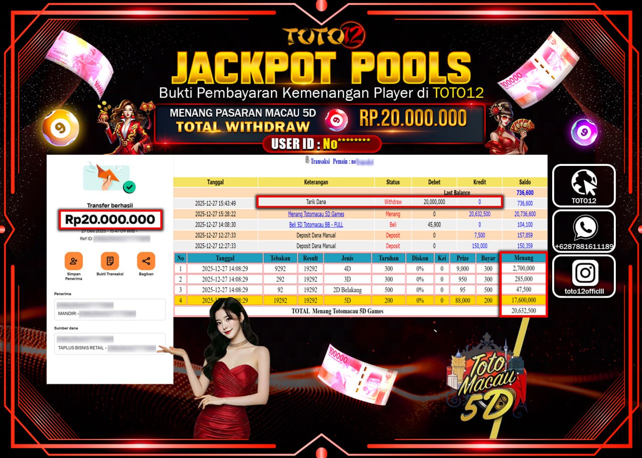 HANYA DI TOTO12 JP PASTI DI BAYAR LUNAS DAN CEPAT!!!!!! JACKPOT POOLS PASARAN (MACAU 5D) Rp.20.000.000 !!!!