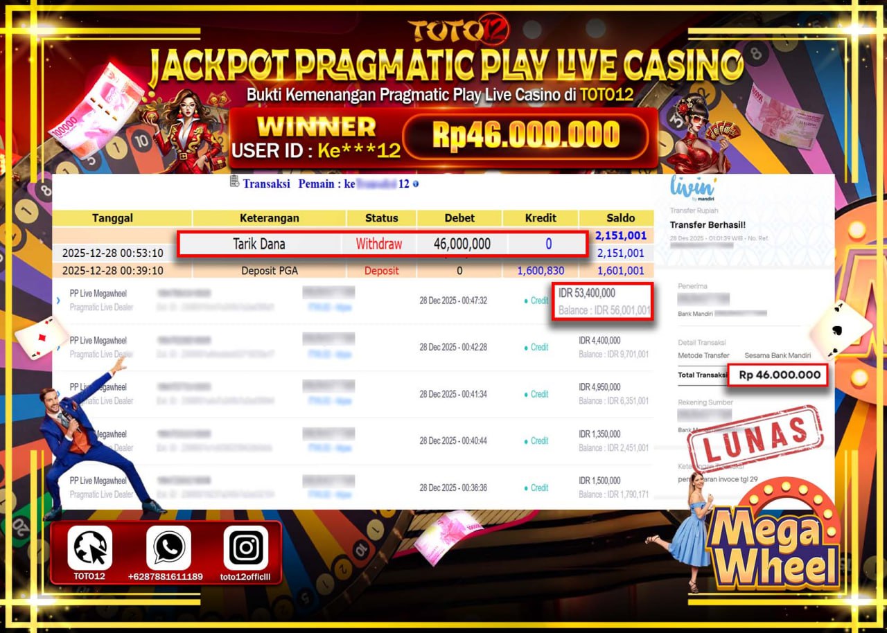 HANYA DI TOTO12 JP PASTI DI BAYAR LUNAS DAN CEPAT!!!!!! JACKPOT PRAGMATIC PLAY LIVE CASINO (MEGA WHEEL) Rp.46.000.000 !!!!