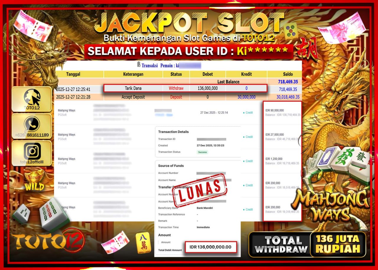 HANYA DI TOTO12 JP PASTI DI BAYAR LUNAS DAN CEPAT!!!!!! JACKPOT SLOT GAME (MAHJONG WAYS) Rp.136.000.000 !!!!