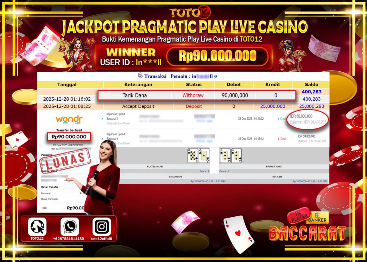 HANYA DI TOTO12 JP PASTI DI BAYAR LUNAS DAN CEPAT!!!!!! JACKPOT PRAGMATIC PLAY LIVE CASINO (SPEED BACCARAT) Rp.90.000.000 !!!!