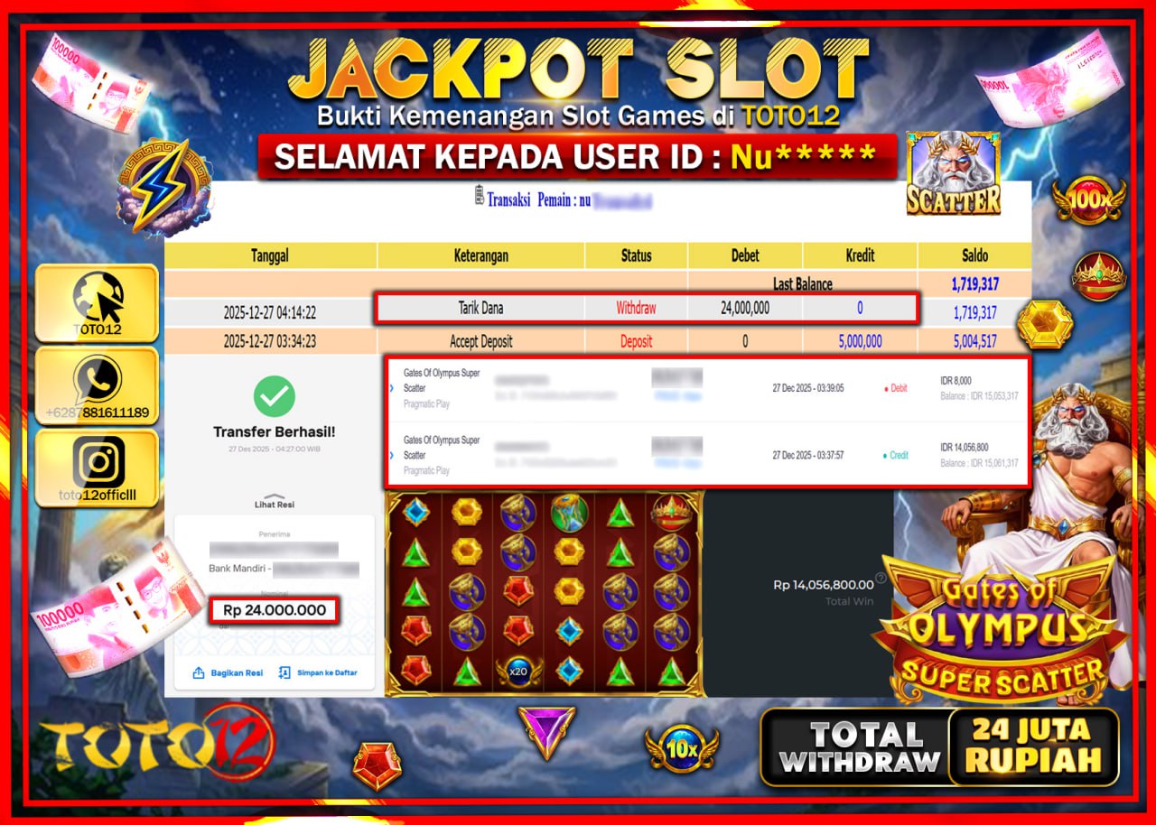 HANYA DI TOTO12 JP PASTI DI BAYAR LUNAS DAN CEPAT!!!!!! JACKPOT SLOT GAME (GATES OF OLYMPUS SUPER SCATTER) Rp.24.000.000 !!!!
