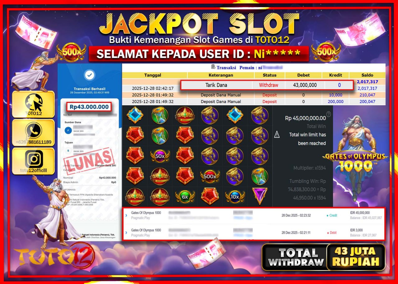 HANYA DI TOTO12 JP PASTI DI BAYAR LUNAS DAN CEPAT!!!!!! JACKPOT SLOT GAME (GATES OF OLYMPUS 1000) Rp.43.000.000 !!!!