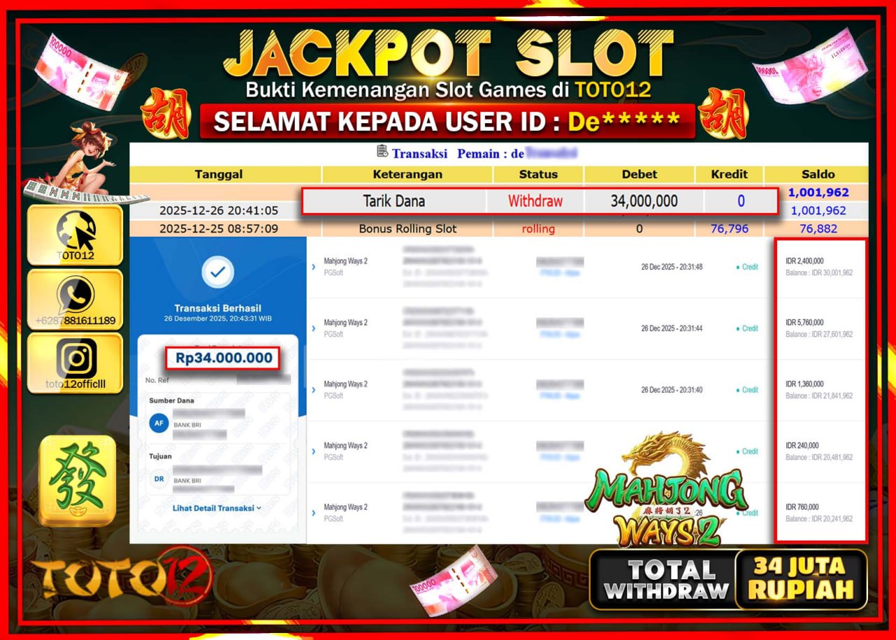 HANYA DI TOTO12 JP PASTI DI BAYAR LUNAS DAN CEPAT!!!!!! JACKPOT SLOT GAME (MAHJONG WAYS 2) Rp.34.000.000 !!!!