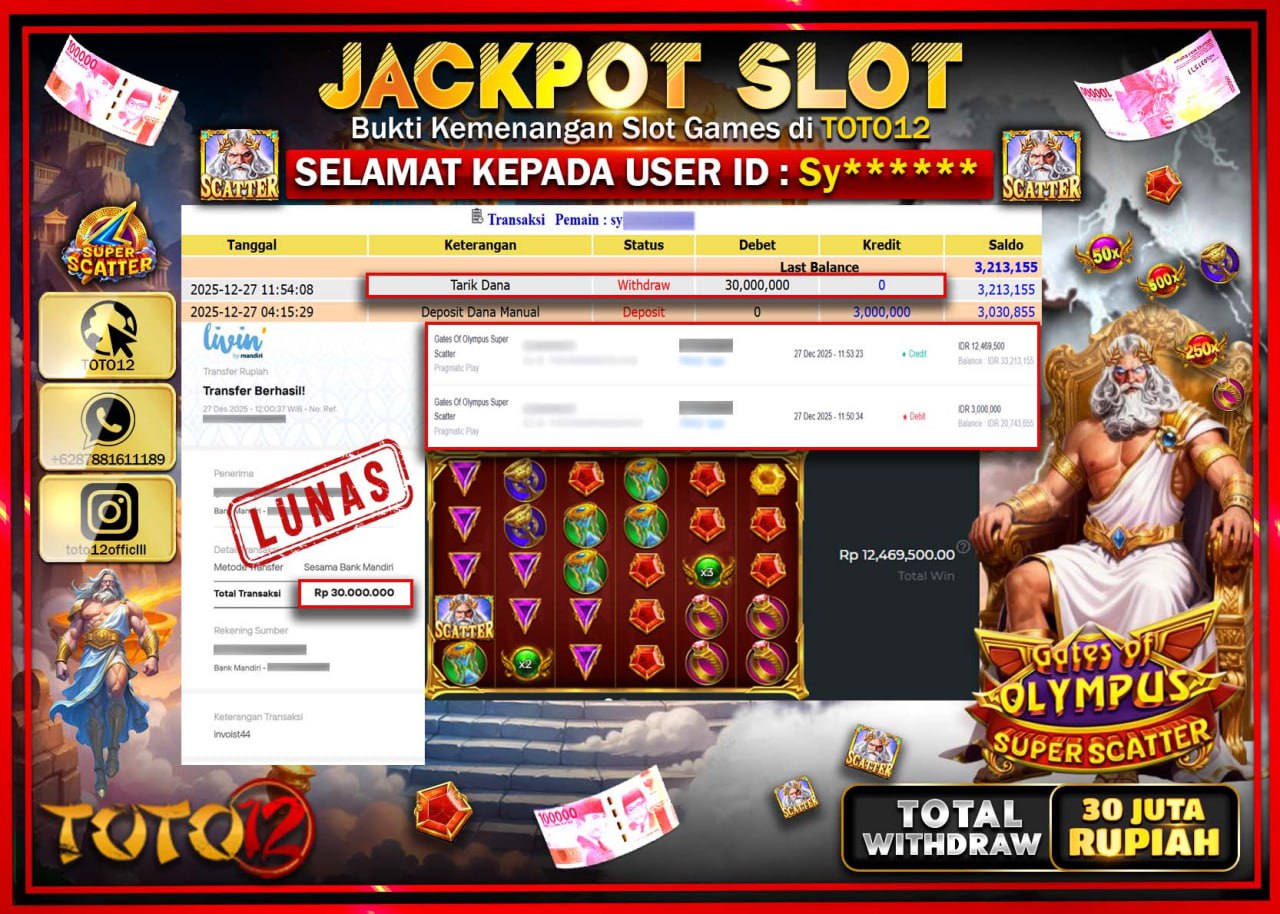 HANYA DI TOTO12 JP PASTI DI BAYAR LUNAS DAN CEPAT!!!!!! JACKPOT SLOT GAME (GATES OF OLYMPUS SUPER SCATTER) Rp.30.000.000 !!!!