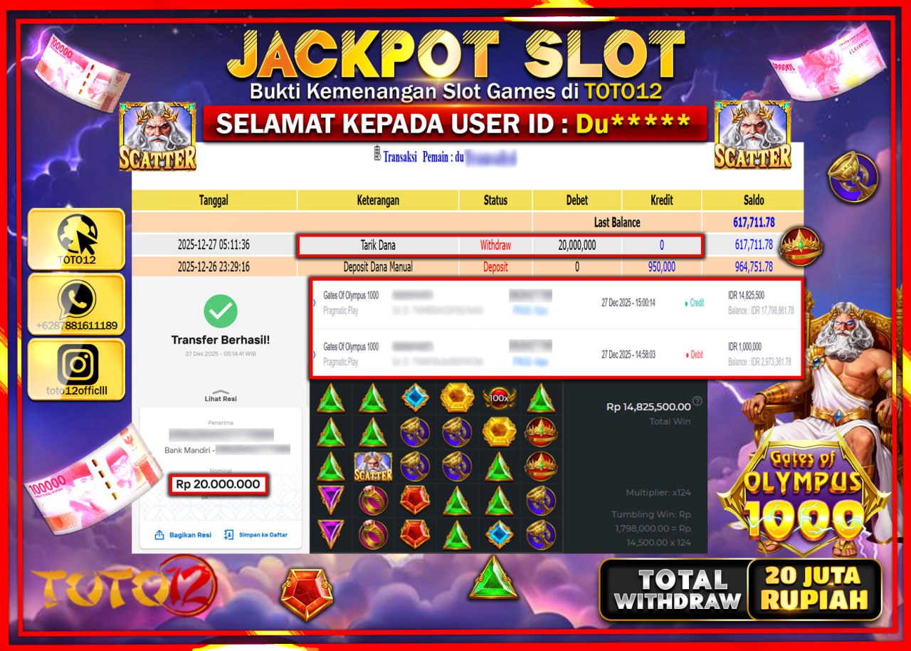 HANYA DI TOTO12 JP PASTI DI BAYAR LUNAS DAN CEPAT!!!!!! JACKPOT SLOT GAME (GATES OF OLYMPUS 1000) Rp.20.000.000 !!!!
