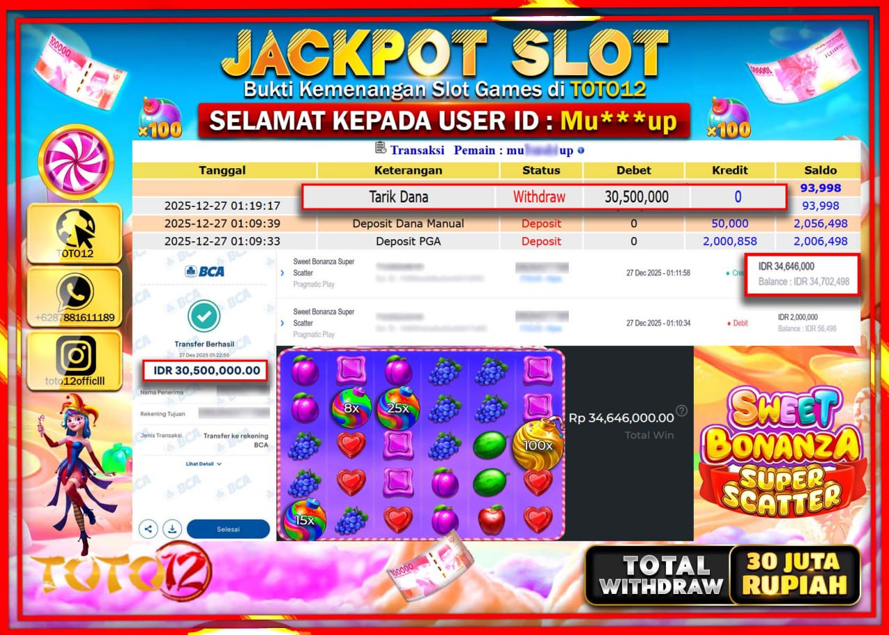 HANYA DI TOTO12 JP PASTI DI BAYAR LUNAS DAN CEPAT!!!!!! JACKPOT SLOT GAME (SWEET BONANZA SUPER SCATTER) Rp.30.500.000 !!!!