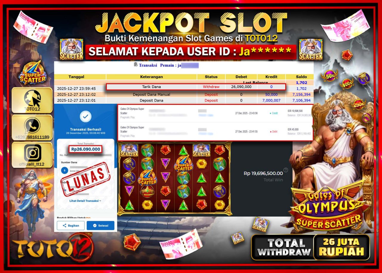 HANYA DI TOTO12 JP PASTI DI BAYAR LUNAS DAN CEPAT!!!!!! JACKPOT SLOT GAME (GATES OF OLYMPUS SUPER SCATTER) Rp.26.090.000 !!!!