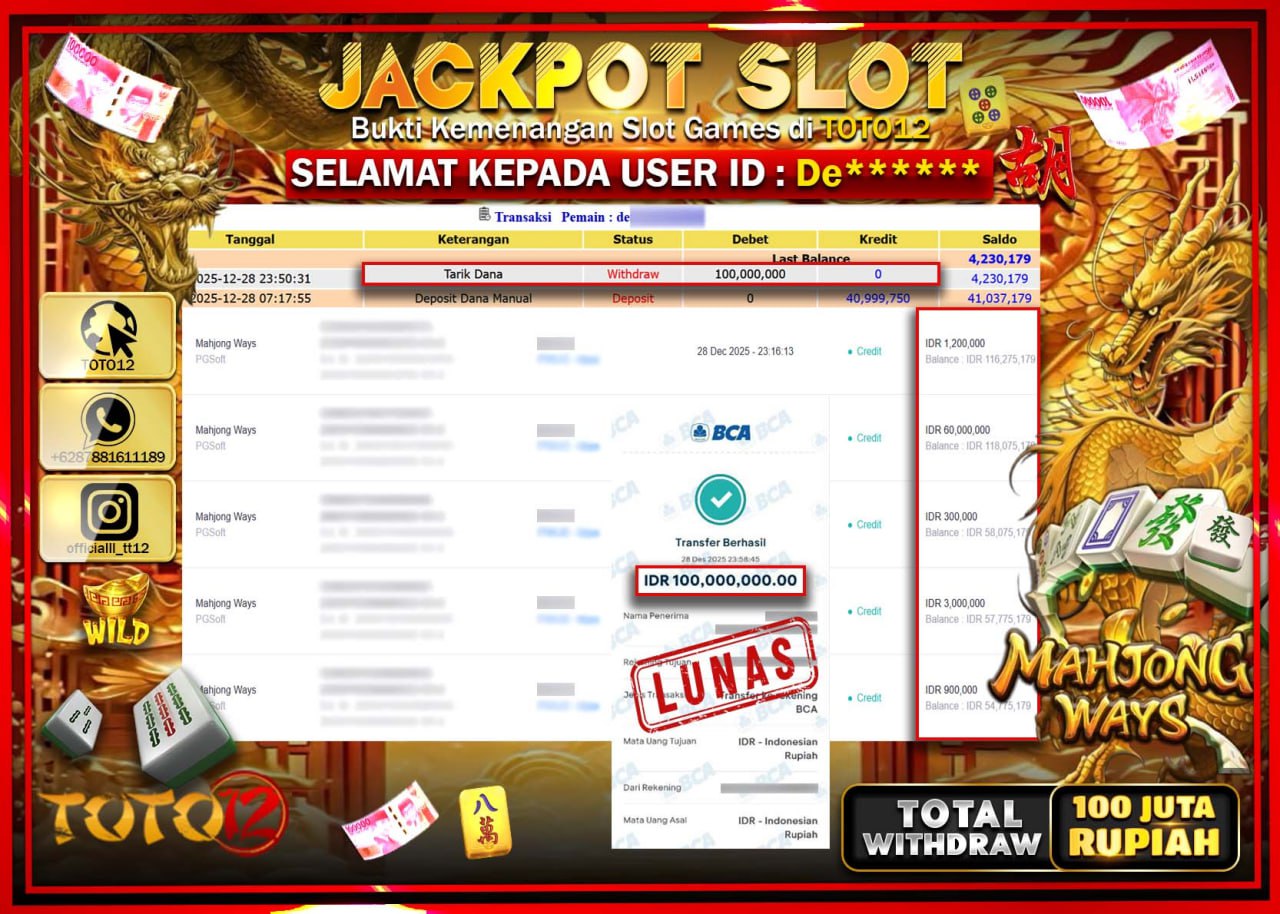 HANYA DI TOTO12 JP PASTI DI BAYAR LUNAS DAN CEPAT!!!!!! JACKPOT SLOT GAME (MAHJONG WAYS) Rp.100.000.000 !!!!