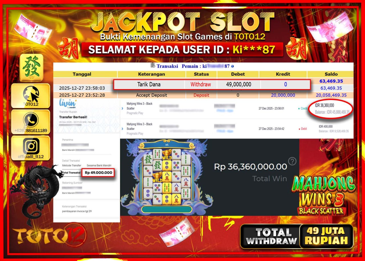 HANYA DI TOTO12 JP PASTI DI BAYAR LUNAS DAN CEPAT!!!!!! JACKPOT SLOT GAME (MAHJONG WINS 3 BLACK SCATTER) Rp.49.000.000 !!!!