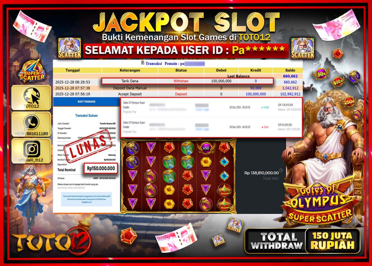 HANYA DI TOTO12 JP PASTI DI BAYAR LUNAS DAN CEPAT!!!!!! JACKPOT SLOT GAME (GATES OF OLYMPUS SUPER SCATTER) Rp.150.000.000 !!!!
