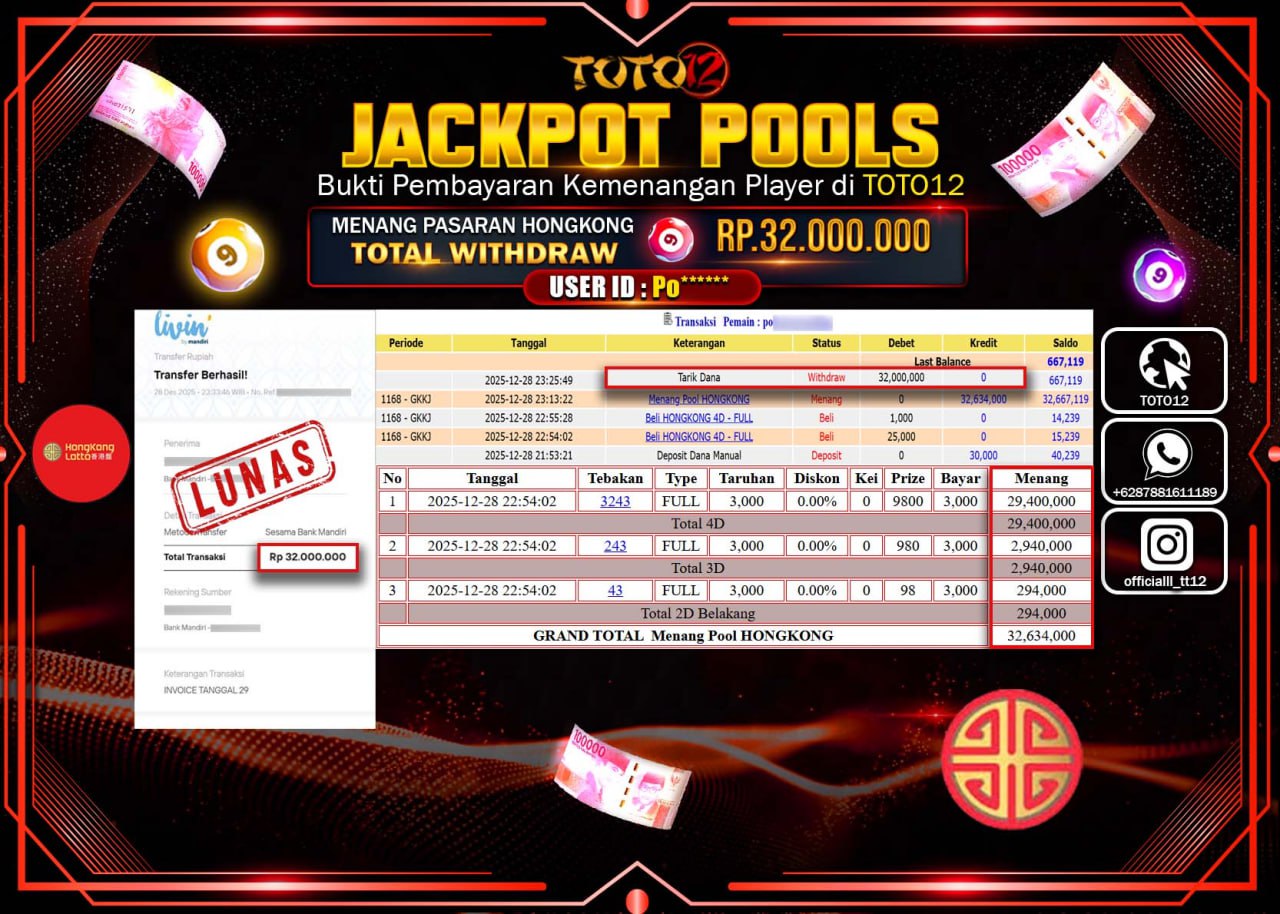 HANYA DI TOTO12 JP PASTI DI BAYAR LUNAS DAN CEPAT!!!!!! JACKPOT POOLS PASARAN (HONGKONG) Rp.32.000.000 !!!!