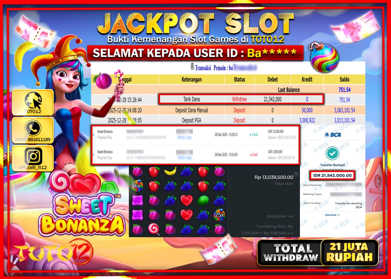 HANYA DI TOTO12 JP PASTI DI BAYAR LUNAS DAN CEPAT!!!!!! JACKPOT SLOT GAME (SWEET BONANZA) Rp.21.542.000 !!!!