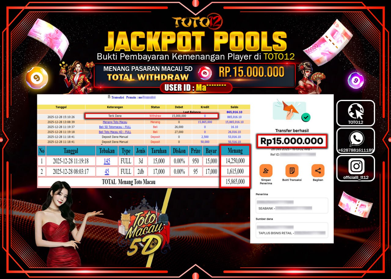 HANYA DI TOTO12 JP PASTI DI BAYAR LUNAS DAN CEPAT!!!!!! JACKPOT POOLS PASARAN (MACAU 5D) Rp.15.000.000 !!!!